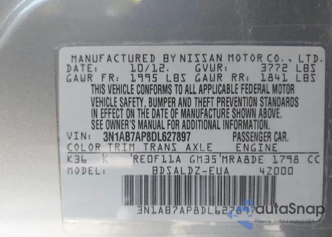 2013 Nissan Sentra Sv z USA, uszkodzony, nr VIN 3N1AB7AP8DL627897